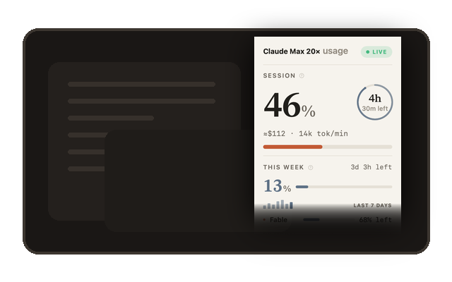 The Burndown card floating above other windows on a dark desktop, showing session and weekly usage