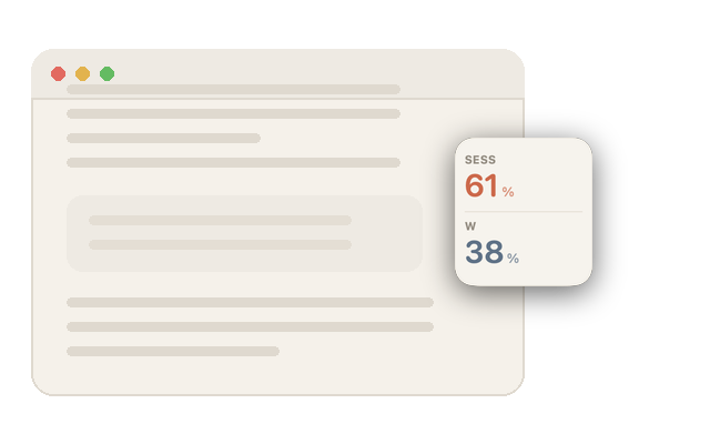 A stylised app window with the Burndown widget docked to its right edge, showing 61 percent of the session and 38 percent of the week