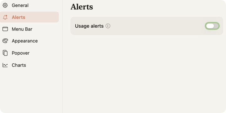 The Alerts pane in Settings, with per-threshold switches for session, weekly, Opus and Sonnet