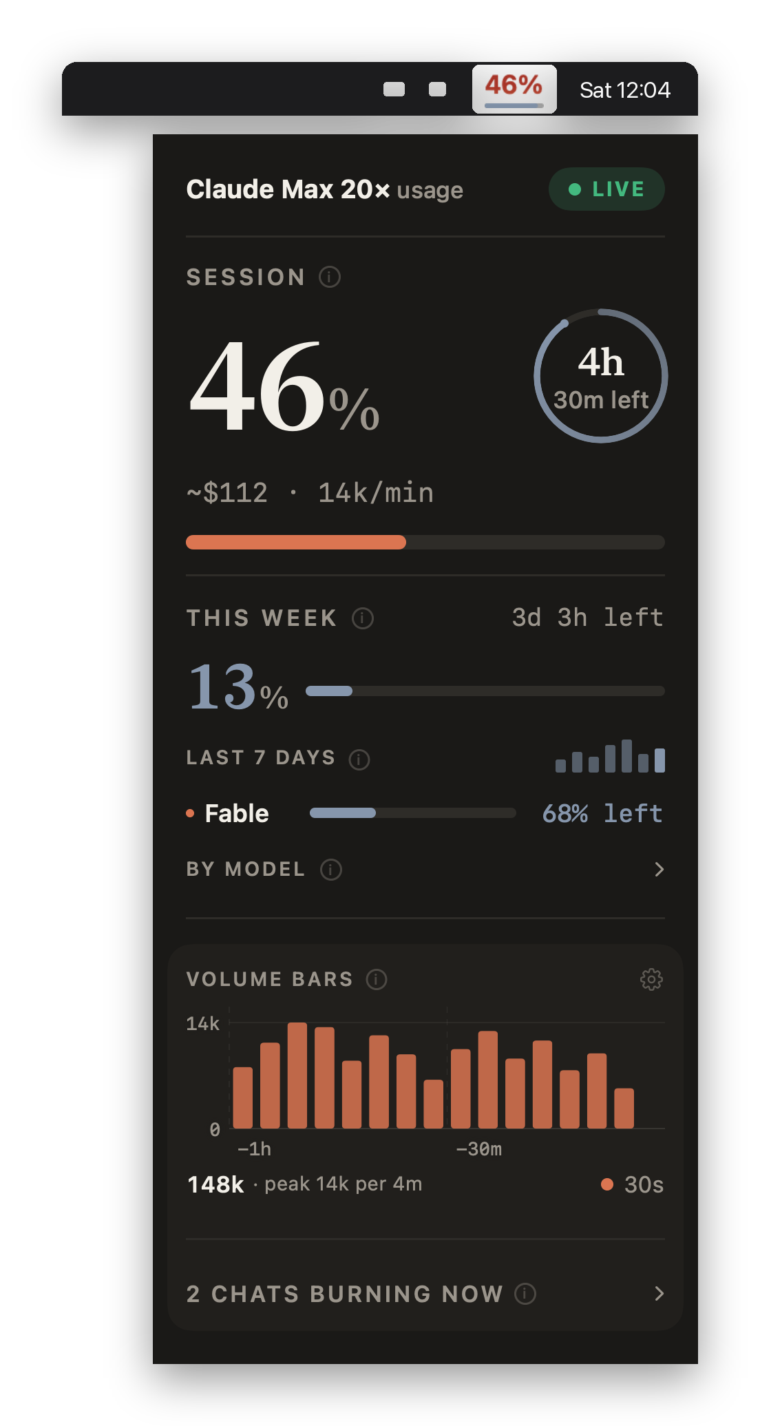 The same menu bar icon and card in dark mode