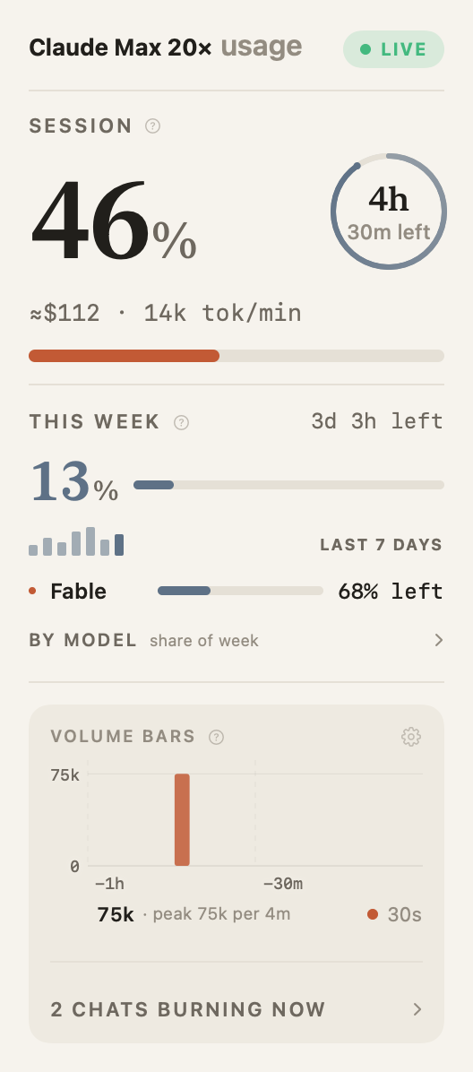 The Burndown card in light mode: 46 percent of the Claude session used, time to reset, weekly usage, per-model caps and a burn chart