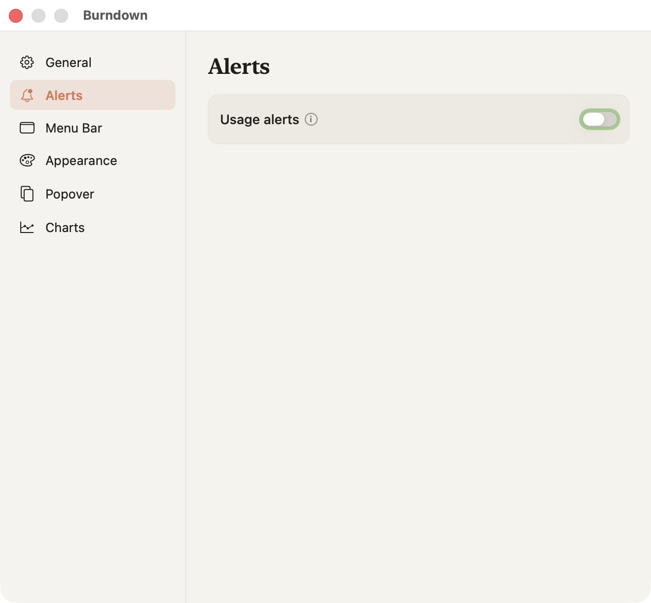 The Burndown alerts settings pane showing session, weekly and per-model thresholds, burn spike, forecast, behavior options and quiet hours