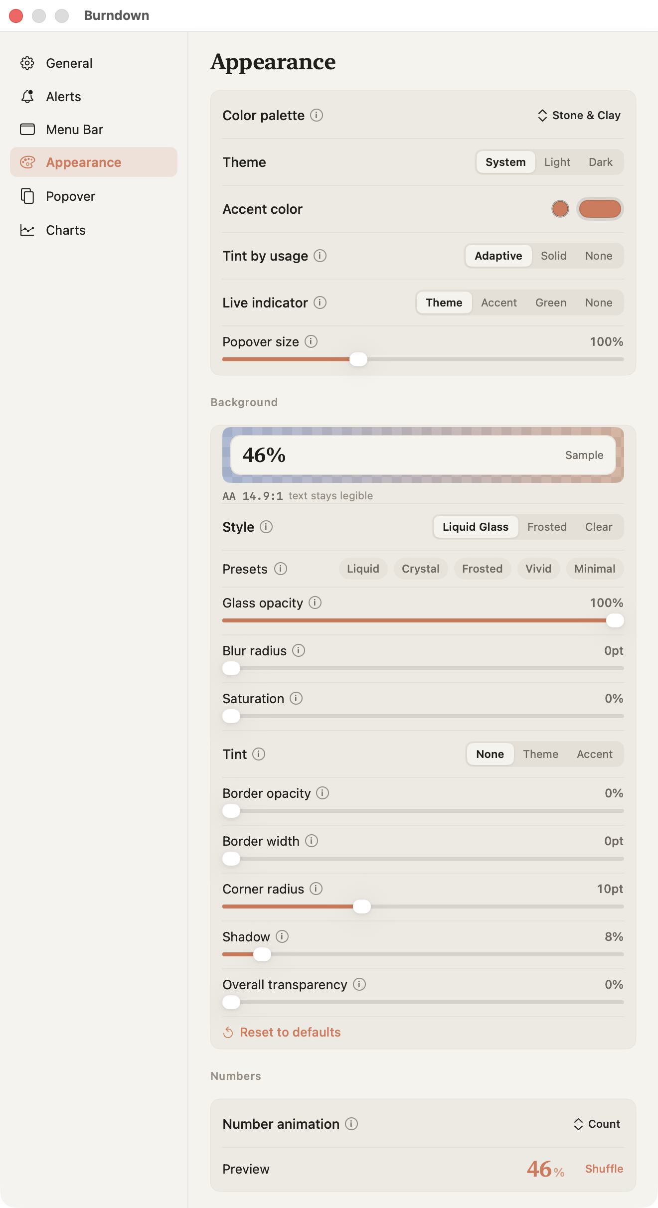 The Burndown Appearance settings: theme picker, accent color, popover size, a live glass preview with a contrast readout, glass style and presets, and nine adjustment sliders